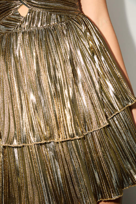 Ilyra Gold Lurex Plisse Cutout Strapless Mini Dress