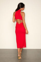 Audra Red Mesh Mock Neck Bodycon Midi Dress