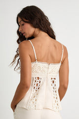 Vannah Ivory Linen Crochet Lace Tank Top