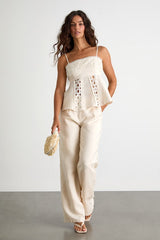 Vannah Ivory Linen Crochet Lace Tank Top