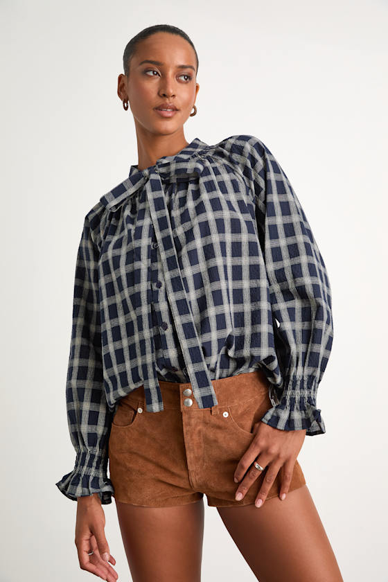 Hassie Navy Plaid Tie-Neck Button-Front Long Sleeve Top