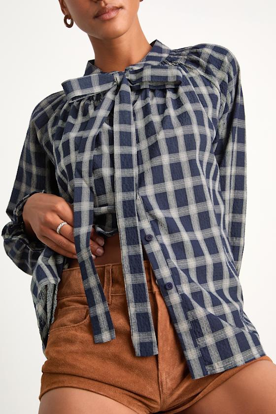 Hassie Navy Plaid Tie-Neck Button-Front Long Sleeve Top