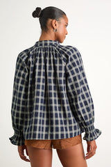Hassie Navy Plaid Tie-Neck Button-Front Long Sleeve Top