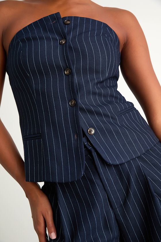 Rashana Navy Pinstriped Button-Front Strapless Top