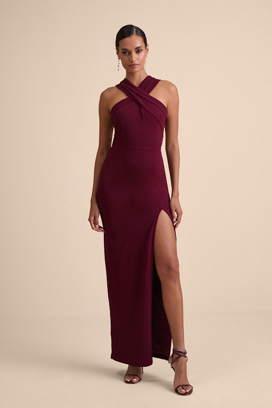 Head to Cocktail Hour Burgundy Halter Neck Maxi Dress