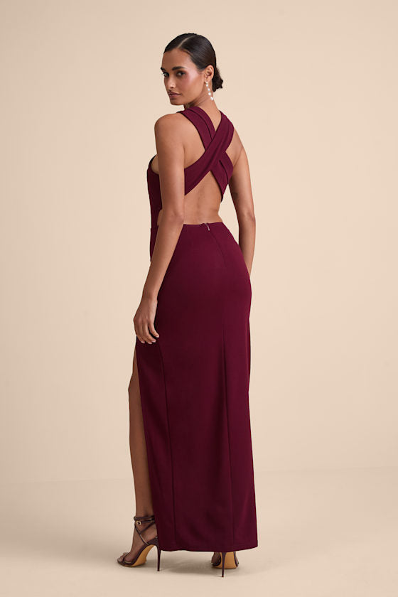 Head to Cocktail Hour Burgundy Halter Neck Maxi Dress