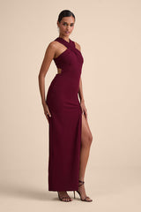 Head to Cocktail Hour Burgundy Halter Neck Maxi Dress