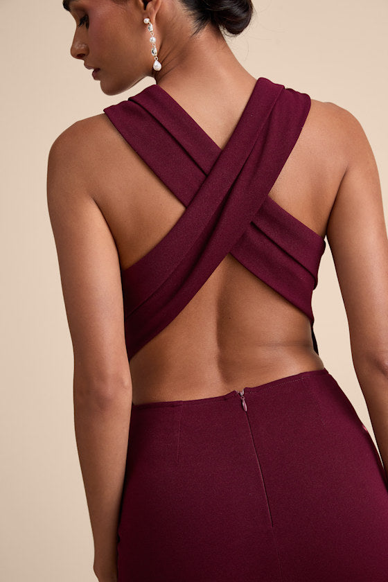 Head to Cocktail Hour Burgundy Halter Neck Maxi Dress