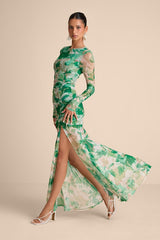 Vibrant Poise Green Floral Print Mesh Ruched Maxi Dress