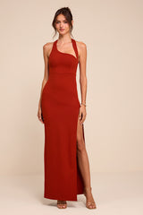 Unforgettable Rust Red Asymmetrical Halter Maxi Dress