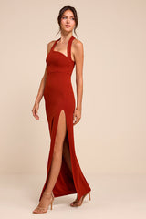 Unforgettable Rust Red Asymmetrical Halter Maxi Dress