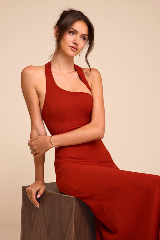 Unforgettable Rust Red Asymmetrical Halter Maxi Dress