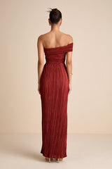 Poised Performance Rust Red Plisse One-Shoulder Maxi Dress