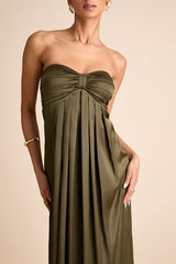 Memorable Entrance Olive Green Strapless Satin Maxi Dress