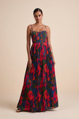 Kinleigh Red Multi Abstract Pleated Bustier Maxi Dress