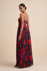 Kinleigh Red Multi Abstract Pleated Bustier Maxi Dress