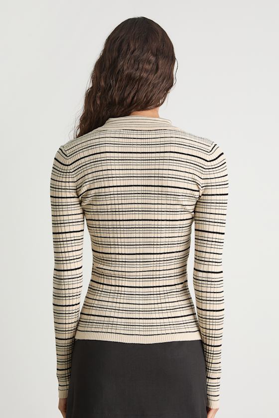 Lucie Cream and Black Striped Button-Up Sweater Top