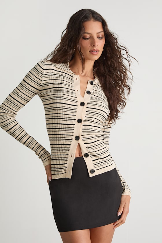 Lucie Cream and Black Striped Button-Up Sweater Top
