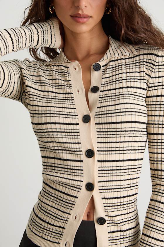 Lucie Cream and Black Striped Button-Up Sweater Top