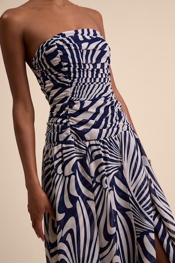 Calista Navy Print Ruched Drop Waist Maxi Dress