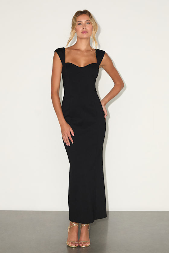 Samai Black Cap Sleeve Bodycon Midi Dress