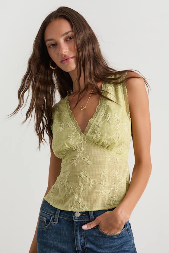 Dessie Lime Embroidered Tie-Back Tank Top