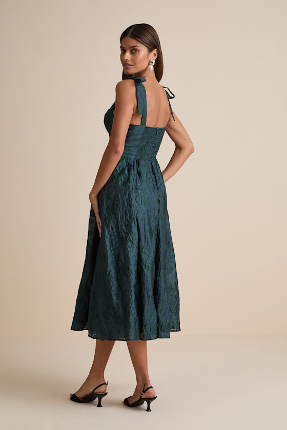 Loveliest Muse Dark Teal Burnout Floral Tie-Strap Midi Dress