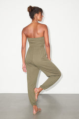 Flawless Comfort Olive Green Ruched Strapless Jogger Jumpsuit
