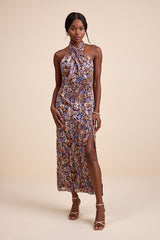 Elarinn Navy Floral Cross-Front Halter Midi Dress