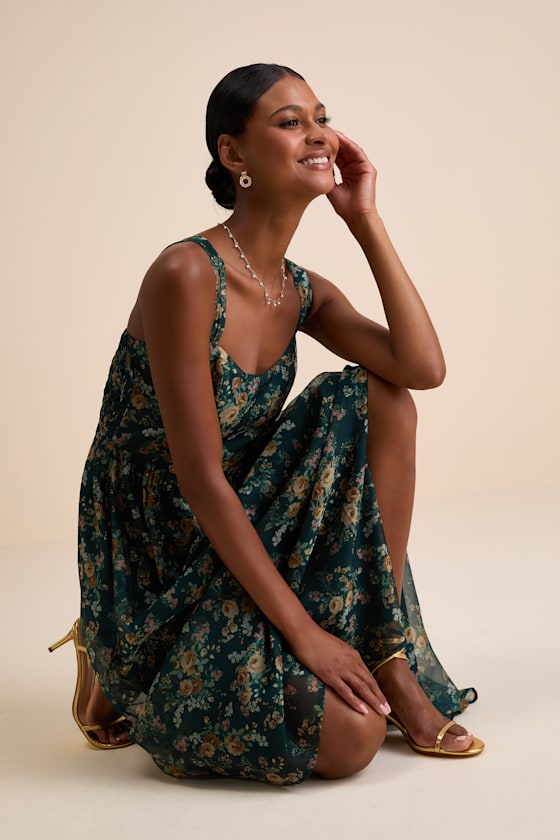 Francesca Dark Teal Floral Sleeveless Midi Dress