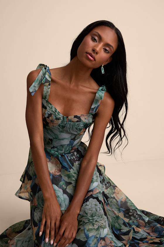 Playfully Posh Black Floral Organza Tie-Strap Tiered Midi Dress