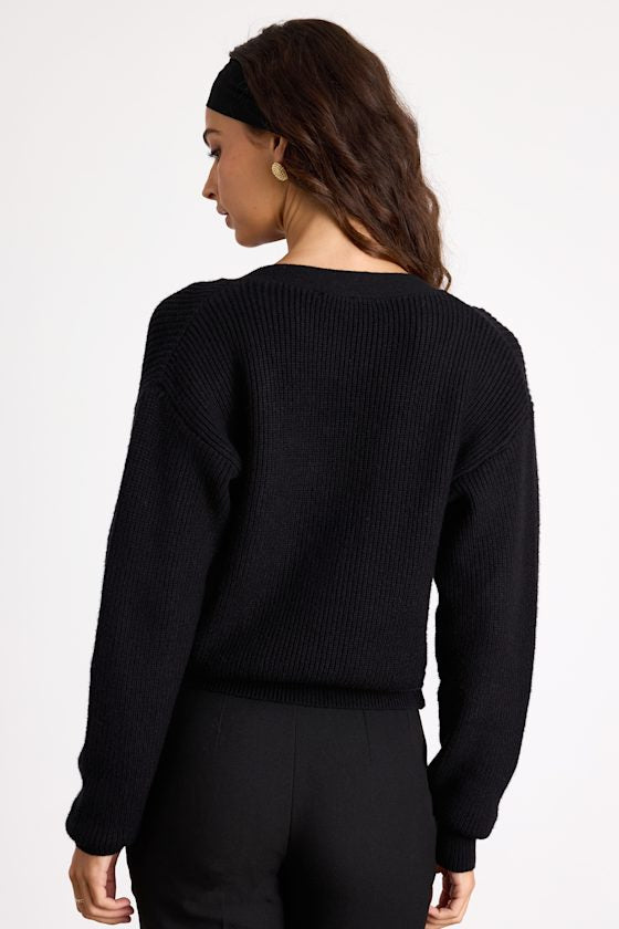 Toasty Babe Black Knit Button-Up Cropped Cardigan