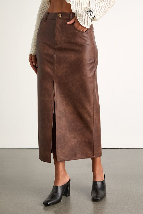 Tamsin Brown Vegan Leather High-Rise Midi Skirt