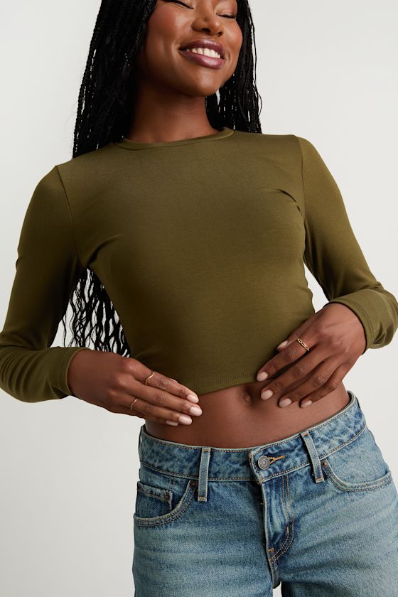 Begin with the Basics Olive Green Long Sleeve Crop Top