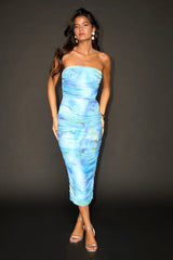 Vania Blue Abstract Mesh Ruched Strapless Midi Dress