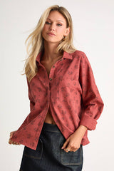 Amelia Dawn Red Floral Long Sleeve Button-Up Top