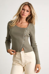 Modern Status Sage Ribbed Asymmetrical Button-Front Sweater Top