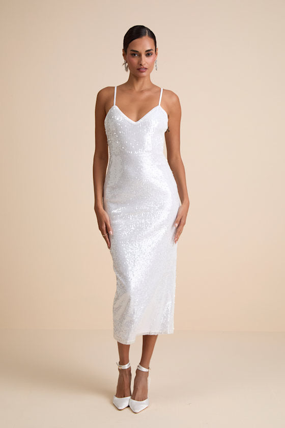 Cahya White Sequin Tie-Back Midi Dress