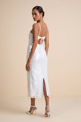 Cahya White Sequin Tie-Back Midi Dress