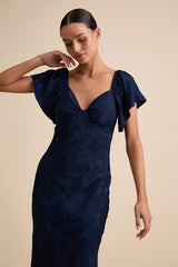 Effervescent Afternoon Navy Satin Flutter Sleeve Midi Dress