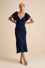 Effervescent Afternoon Navy Satin Flutter Sleeve Midi Dress