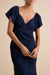 Effervescent Afternoon Navy Satin Flutter Sleeve Midi Dress