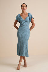 Effervescent Afternoon Slate Satin Flutter Sleeve Midi Dress