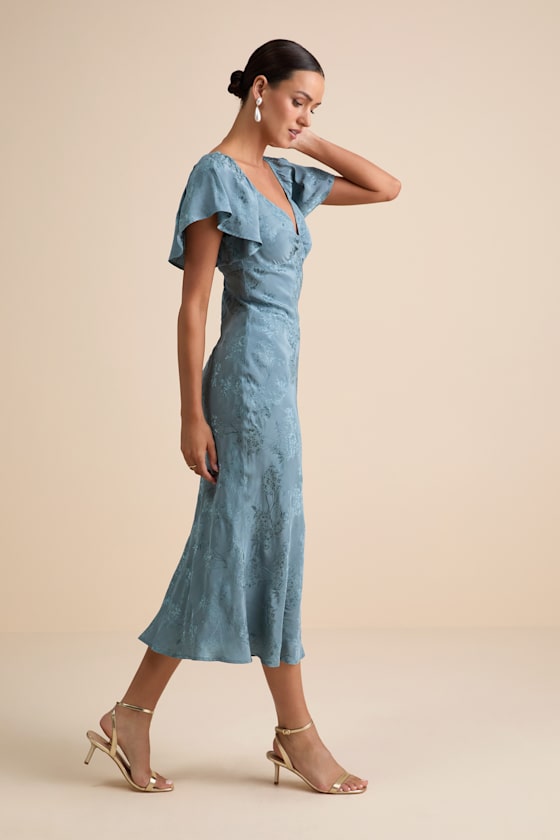Effervescent Afternoon Slate Satin Flutter Sleeve Midi Dress