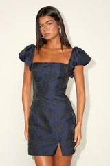 Momentous Cuteness Navy Jacquard Off-the-Shoulder Mini Dress