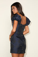 Momentous Cuteness Navy Jacquard Off-the-Shoulder Mini Dress