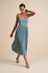 Perfectly Stunning Slate Blue Jacquard Strapless Midi Dress