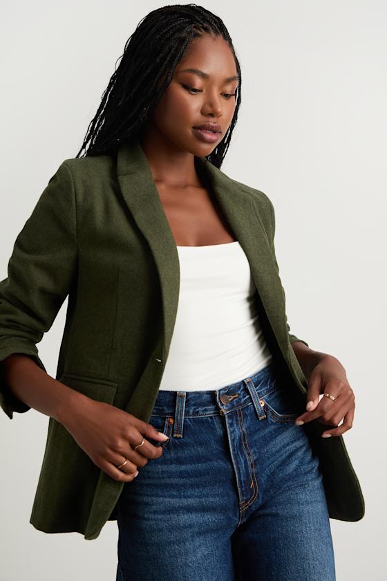 Sophisticated Chic Olive Green Tweed Blazer