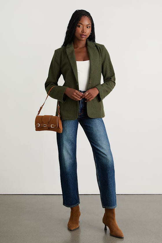 Sophisticated Chic Olive Green Tweed Blazer