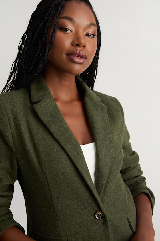 Sophisticated Chic Olive Green Tweed Blazer